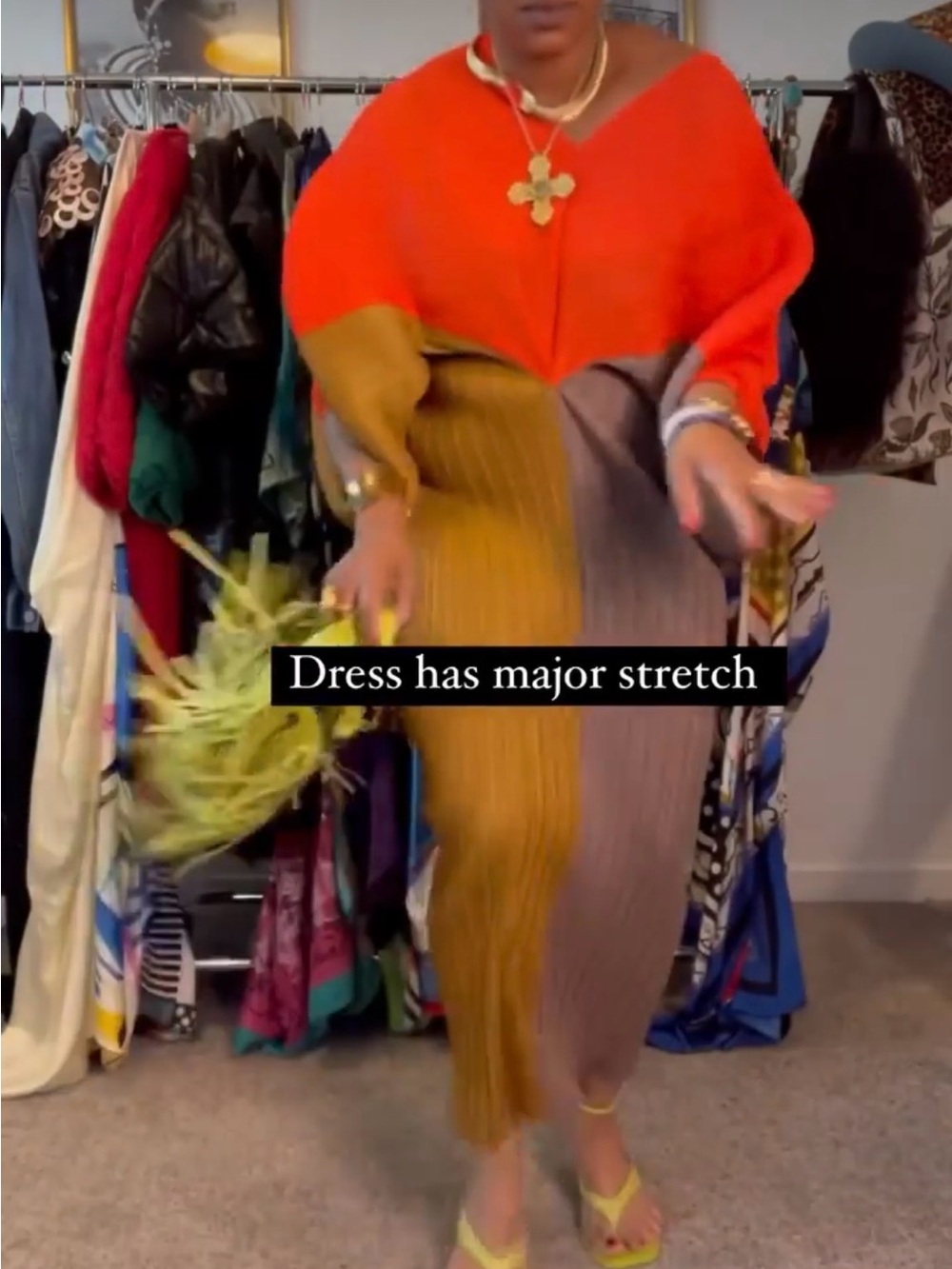 Colorblock Maxi Pleated Dress in Orange, Mustard & Taupe
